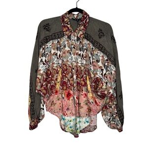 Young Threads womens M floral embroidery button down    Mixprint Top boho hippie